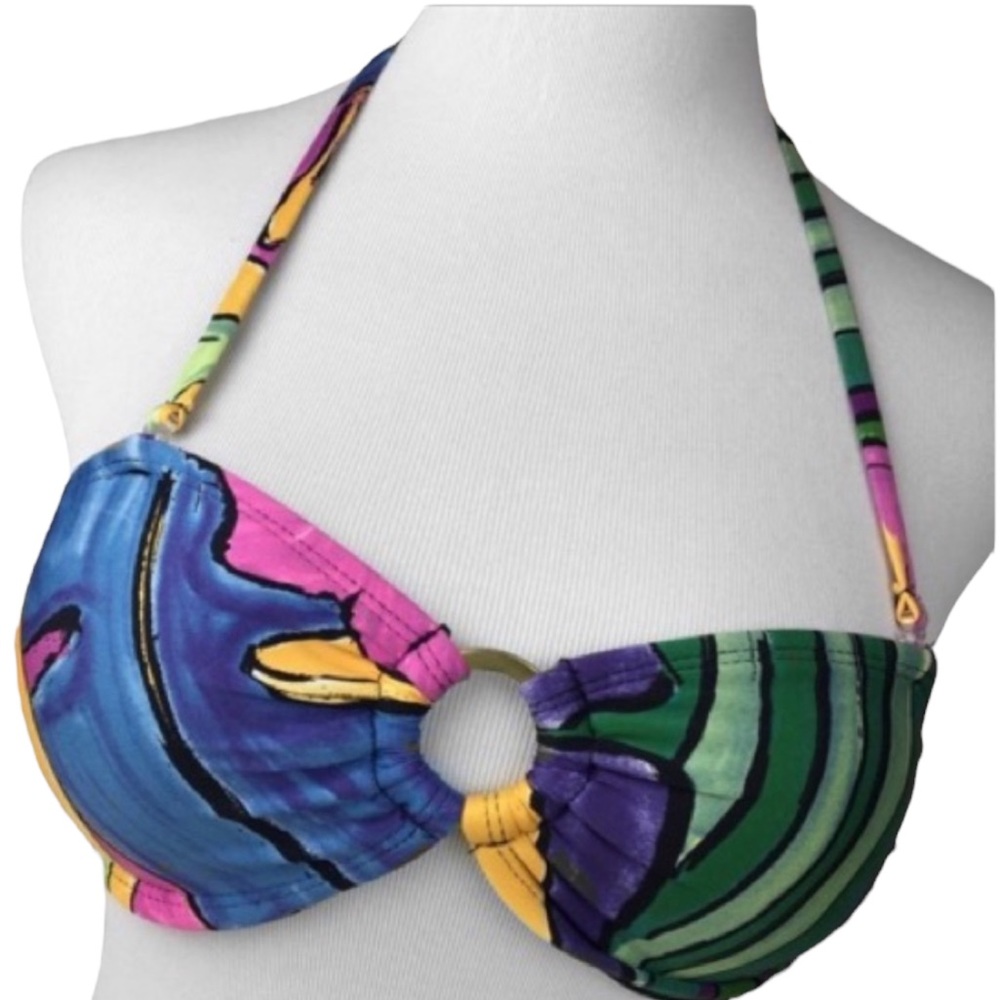 Carlos Falchi & Mark Rio Multi-Color Bikini Top with Gold “O” Ring - Picture 3 of 8